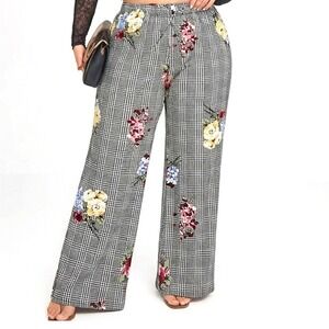 Ivy This Wide Leg Pants Womens 1X Black White Houndstooth Floral Plaid Excellent